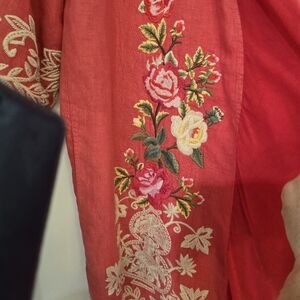 Johnny Was 100% Linen Boho Floral Embroidered Waterfall Kimono Small Sunset Cora